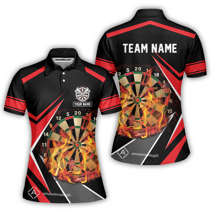 Customized Darts Team Women Polo Shirt, Dartboard In Flame Polo Shirt Personalized Name And Team Name For Darts League