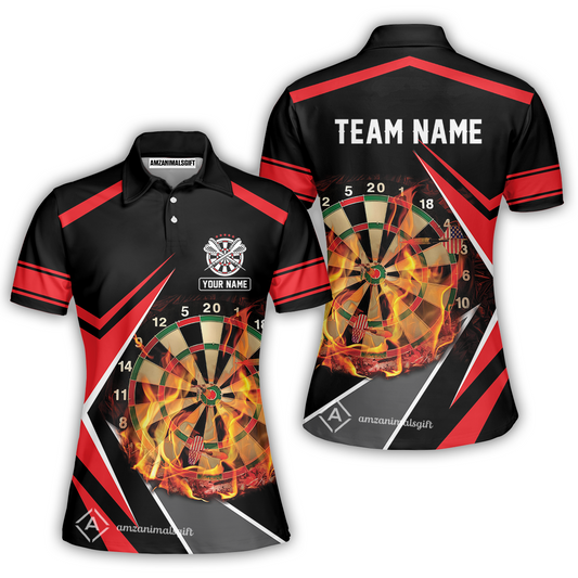 Customized Darts Team Women Polo Shirt, Dartboard In Flame Polo Shirt Personalized Name And Team Name For Darts League