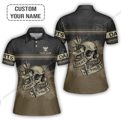 Customized Darts Women Polo Shirt, Darts Skull In Dart We Trust Polo Shirt For Women, Perfect Outfit For Darts Lovers, Darts Players