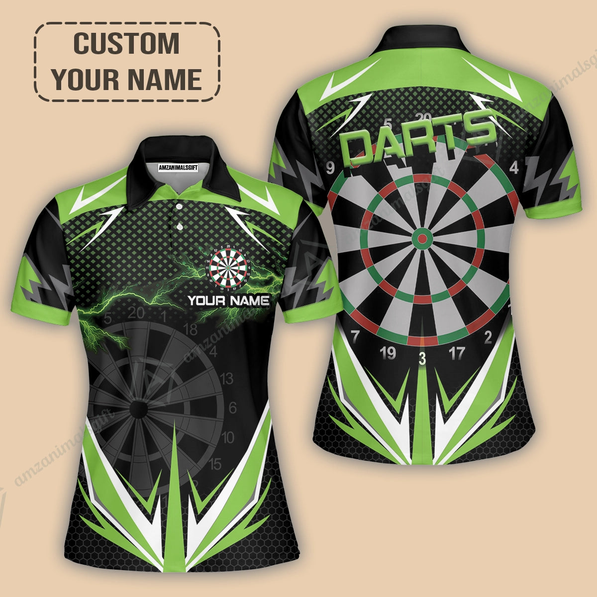 Customized Darts Women Polo Shirt, Green Darts Lightning Personalized Name Polo Shirt, Outfits For Darts Lovers, Darts Players