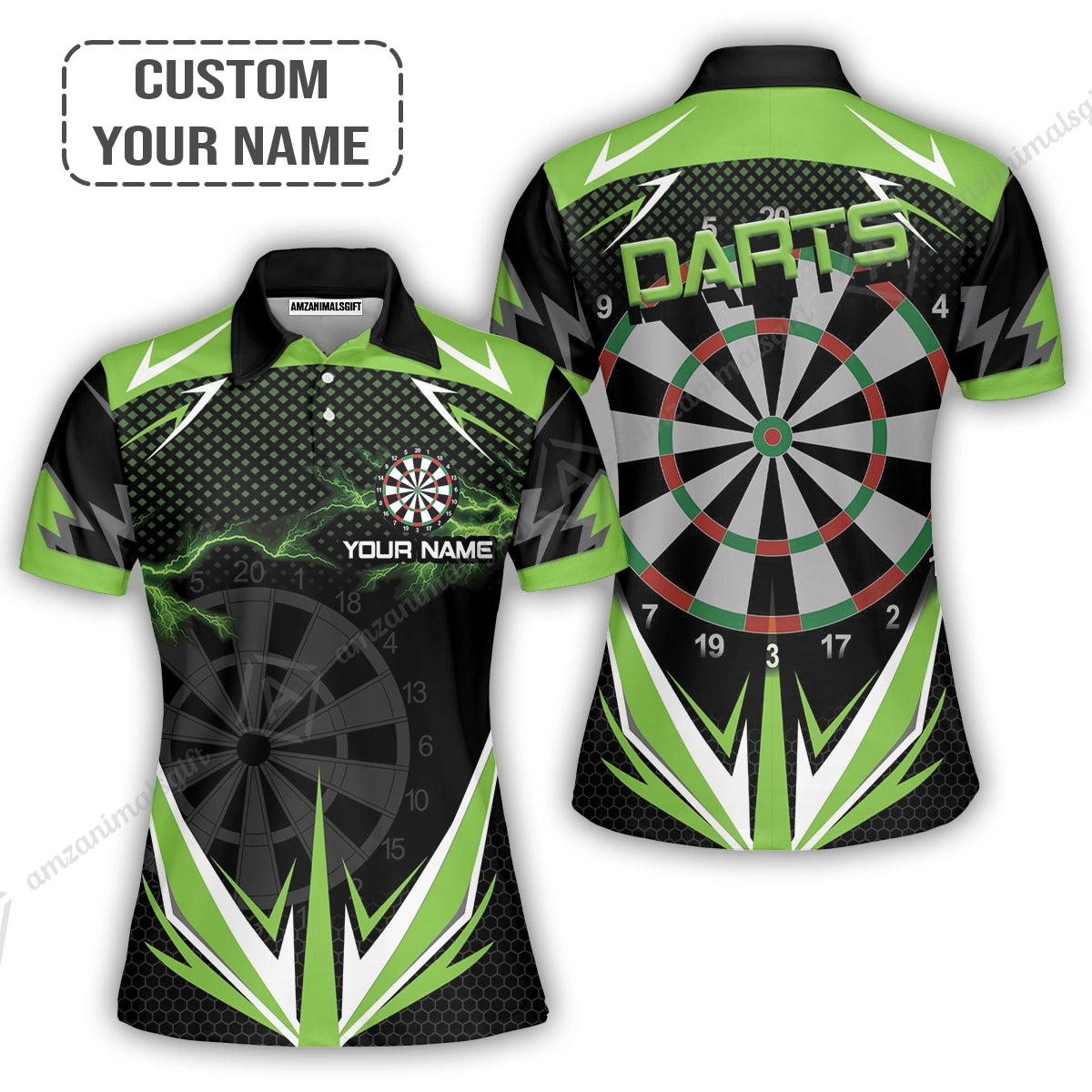 Customized Darts Jersey, Green Darts Lightning Personalized Name Zip Polo Shirt, Outfits For Darts Lovers, Darts Players