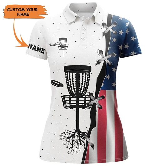 Customized Disc Golf Women Polo Shirt, American Flag Personalized Disc Golf Team Shirt, Disc Golf Gifts - Perfect Gift For Ladies, Disc Golf Lovers - Amzanimalsgift