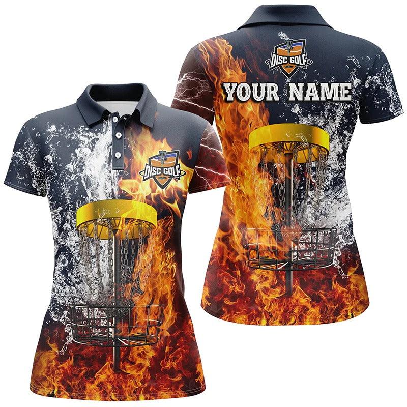 Customized Disc Golf Women Polo Shirt, Personalized Fire And Water Disc Golf Basket Polo Shirt - Perfect Gift For Ladies, Disc Golf Lovers - Amzanimalsgift