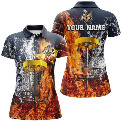 Customized Disc Golf Women Polo Shirt, Personalized Fire And Water Disc Golf Basket Polo Shirt - Perfect Gift For Ladies, Disc Golf Lovers - Amzanimalsgift