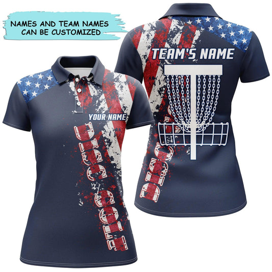 Customized Disc Golf Women Polo Shirts, American Flag Patriotic Polo Shirt, Personalized Team Name Shirts - Perfect Gift For Ladies, Disc Golf Lovers - Amzanimalsgift