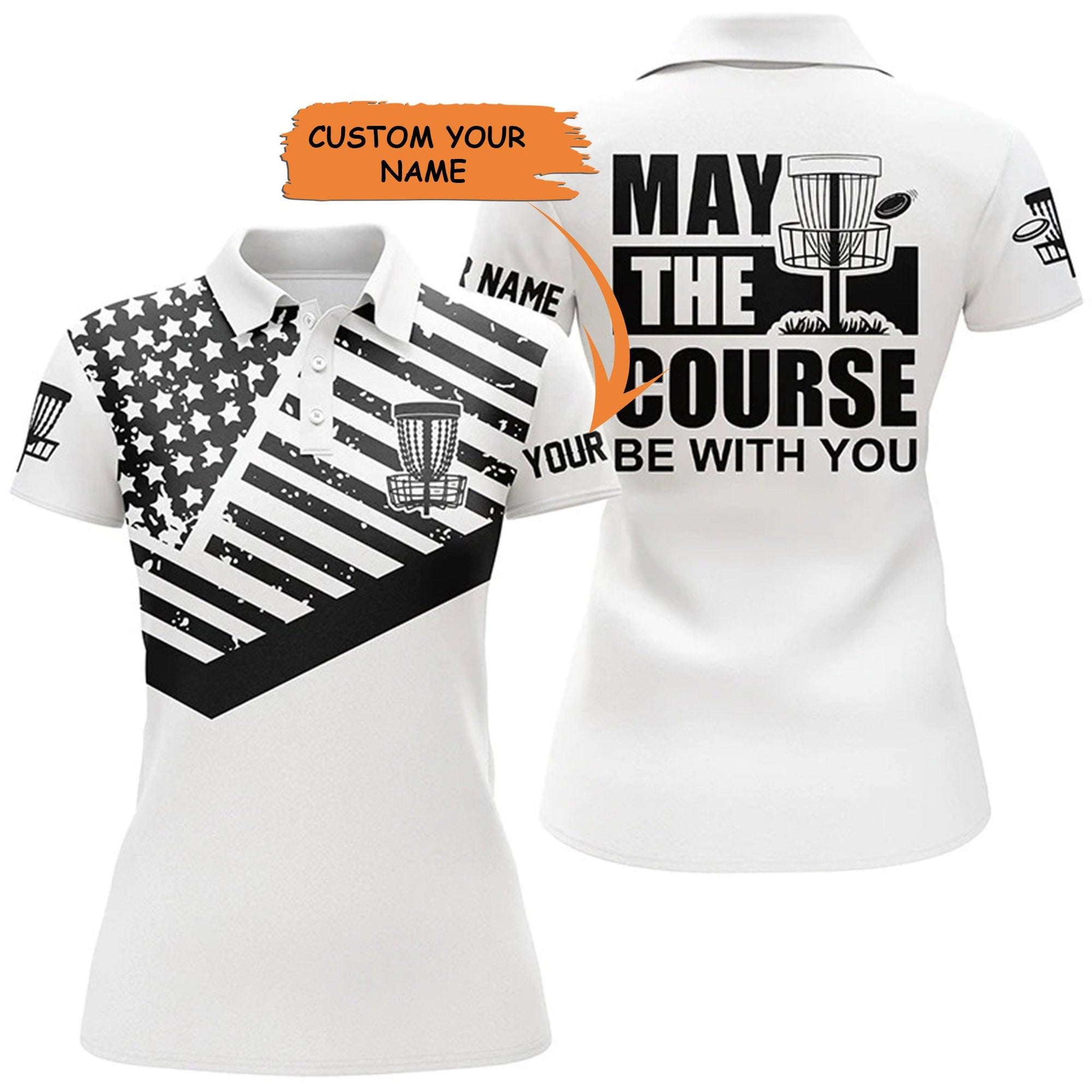 Customized Disc Golf Women Polo Shirts, Black White American Flag Polo Shirts, Personalized May The Course - Perfect Gift For Disc Golf Lovers - Amzanimalsgift