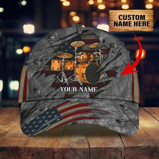 Customized Drum Classic Cap, Personalized American Flag Drum Classic Cap For Men - Perfect Gift For Drum Lovers, Drummer - Amzanimalsgift