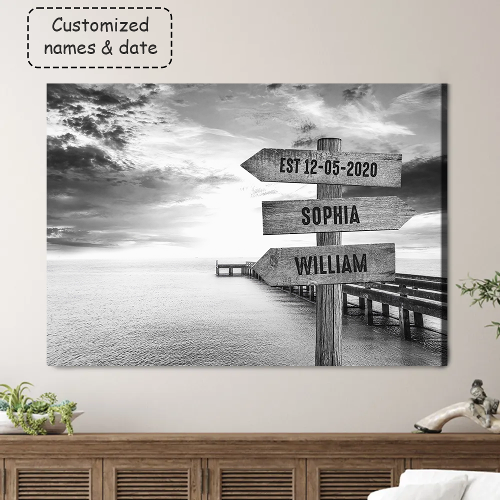 Customized Family Couple Street Sign Black And White Wall Art Custom Multi-Names, Beach Pier Ocean Landscape Canvas