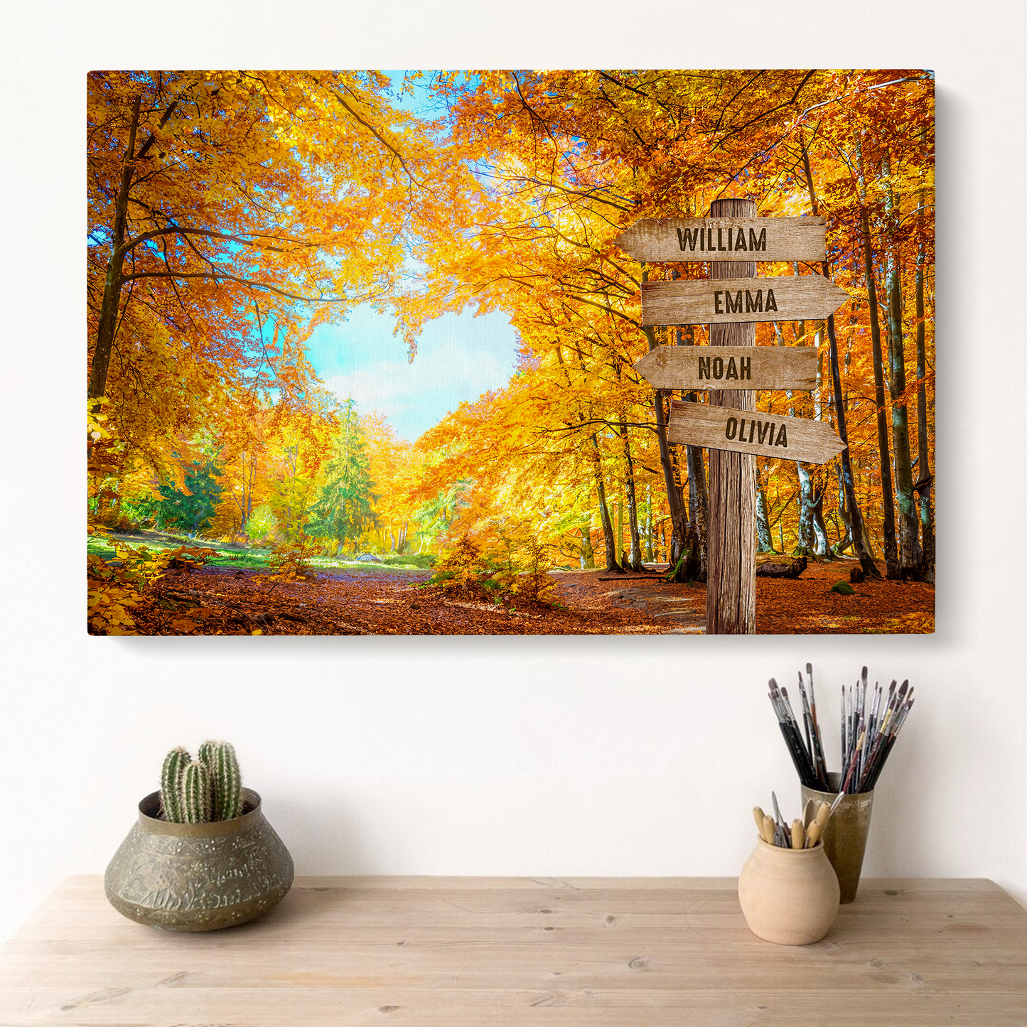 Customized Family Member Names Wall Art, Heart Of Autumn Forest Wooden Signs Landscape Canvas, Family Wall Art Home Decor