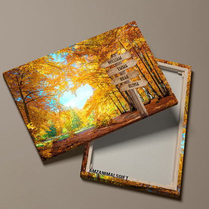 Customized Family Member Names Wall Art, Heart Of Autumn Forest Wooden Signs Landscape Canvas, Family Wall Art Home Decor