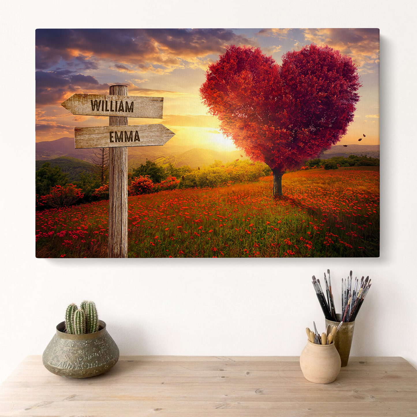 Customized Family Member Names Wall Art, Red Heart Shaped Tree At Sunset Wooden Signs Landscape Canvas, Family Home Decor