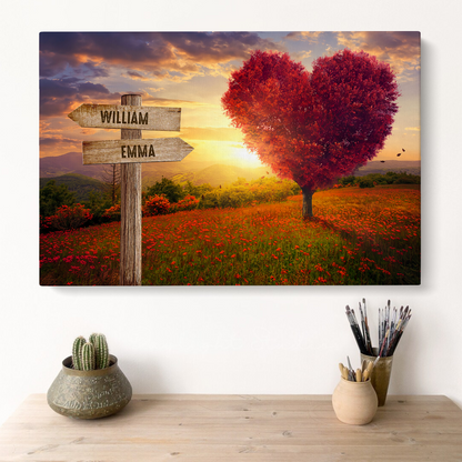 Customized Family Member Names Wall Art, Red Heart Shaped Tree At Sunset Wooden Signs Landscape Canvas, Family Home Decor