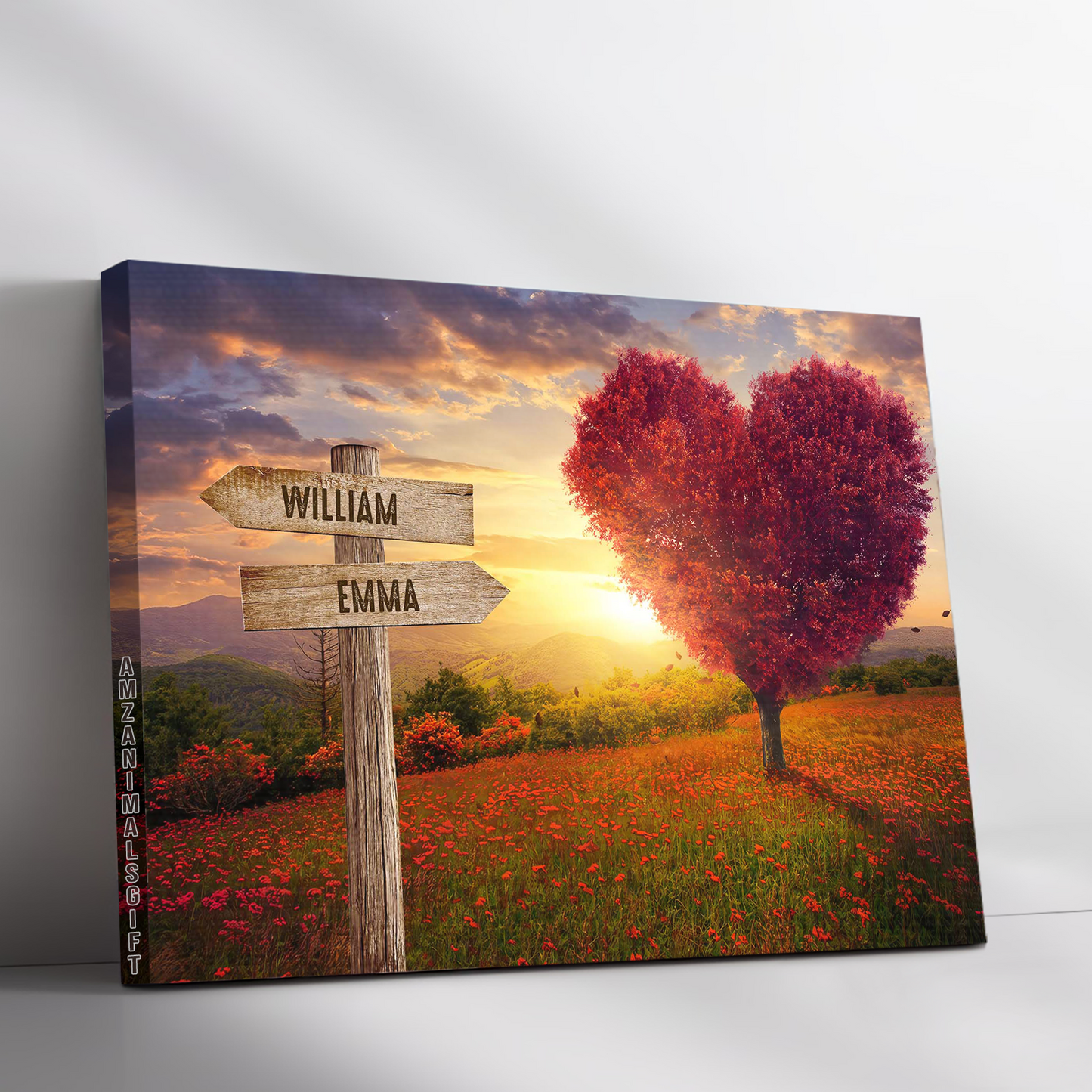 Customized Family Member Names Wall Art, Red Heart Shaped Tree At Sunset Wooden Signs Landscape Canvas, Family Home Decor