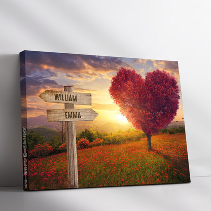 Customized Family Member Names Wall Art, Red Heart Shaped Tree At Sunset Wooden Signs Landscape Canvas, Family Home Decor