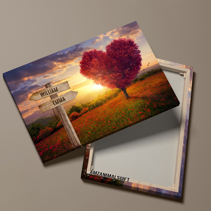 Customized Family Member Names Wall Art, Red Heart Shaped Tree At Sunset Wooden Signs Landscape Canvas, Family Home Decor