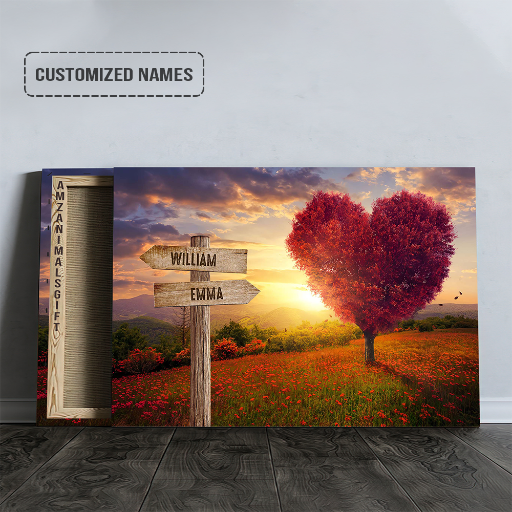 Customized Family Member Names Wall Art, Red Heart Shaped Tree At Sunset Wooden Signs Landscape Canvas, Family Home Decor