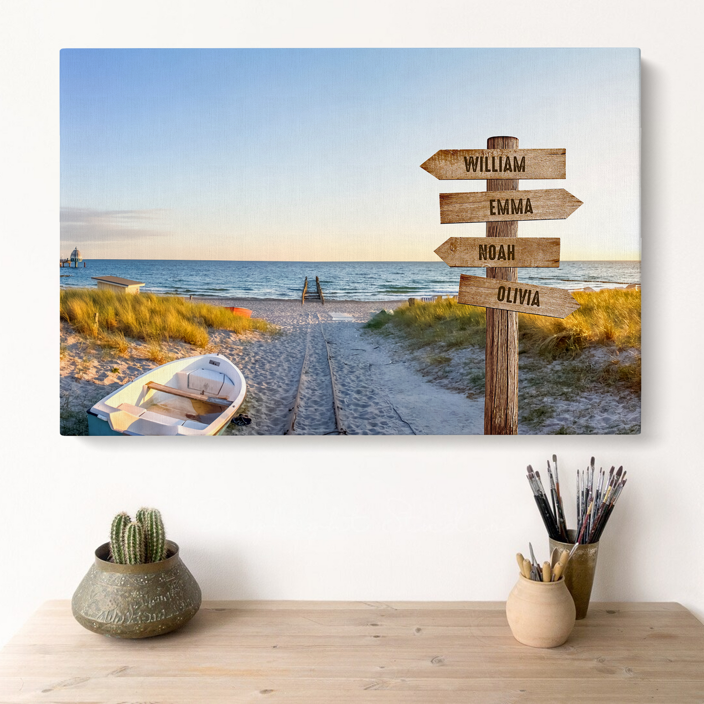 Customized Family Member Names Wall Art, Sea View Multi-Names Wooden Signs Landscape Canvas, Family Wall Art Home Decor
