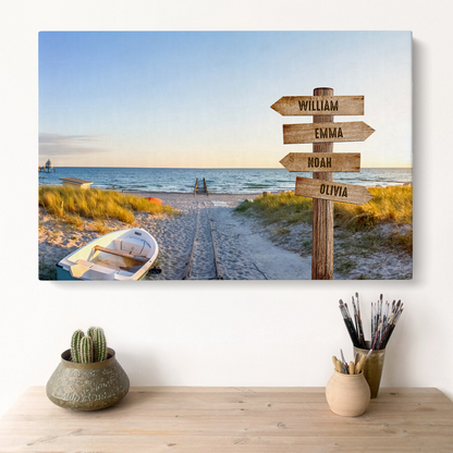 Customized Family Member Names Wall Art, Sea View Multi-Names Wooden Signs Landscape Canvas, Family Wall Art Home Decor