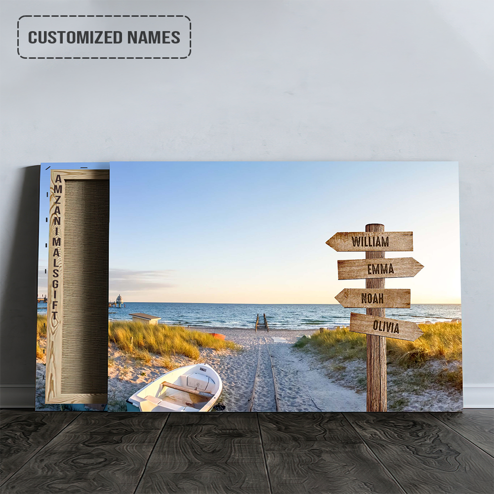 Customized Family Member Names Wall Art, Sea View Multi-Names Wooden Signs Landscape Canvas, Family Wall Art Home Decor