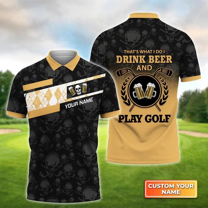 Customized Golf Men Polo Shirt, Skull I Drink Beer And Play Golf, Personalized Name Polo Shirt For Men - Perfect Gift For Golf Lovers, Golfers - Amzanimalsgift