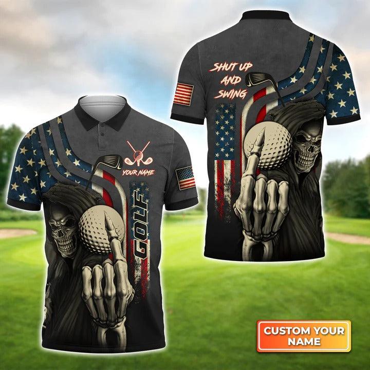 Customized Golf Men Polo Shirts, American Flag Skull Golf Shut Up And Swing, Personalized Customized Name Golf Polo Shirt For Men, Golfers - Amzanimalsgift