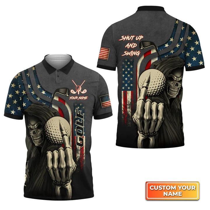 Customized Golf Men Polo Shirts, American Flag Skull Golf Shut Up And Swing, Personalized Customized Name Golf Polo Shirt For Men, Golfers - Amzanimalsgift