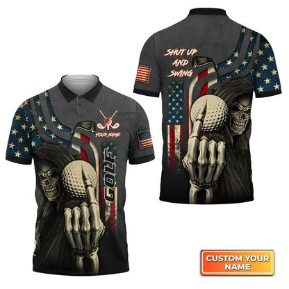 Customized Golf Men Polo Shirts, American Flag Skull Golf Shut Up And Swing, Personalized Customized Name Golf Polo Shirt For Men, Golfers - Amzanimalsgift