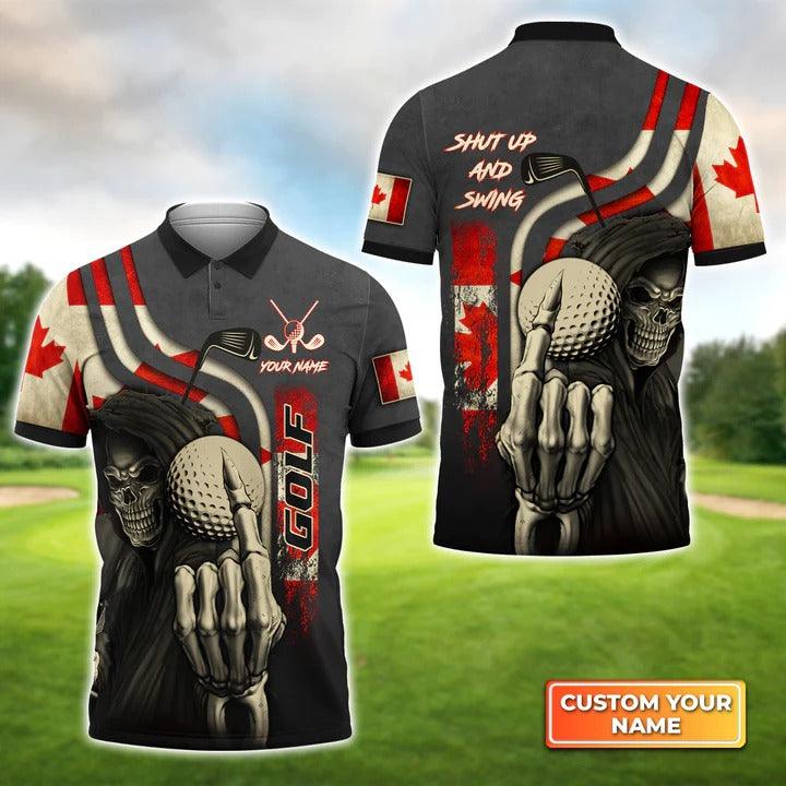 Customized Golf Men Polo Shirts, Canada Flag Skull Golf Shut Up And Swing, Personalized Name Golf Polo Shirt For Men, Golfers - Amzanimalsgift