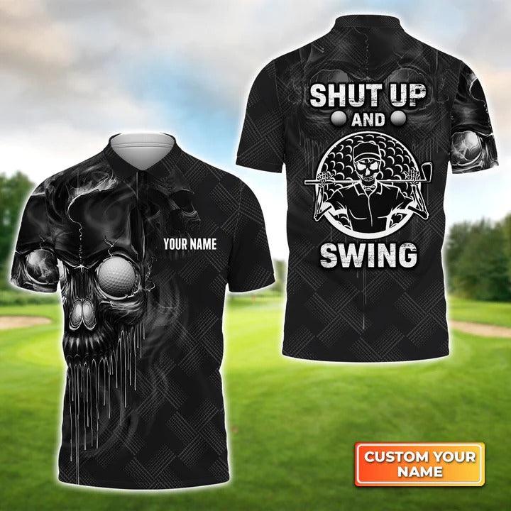 Customized Golf Men Polo Shirts, Skull Golf Shut Up And Swing, Personalized Customized Name Golf Polo Shirt For Men, Golfers - Amzanimalsgift