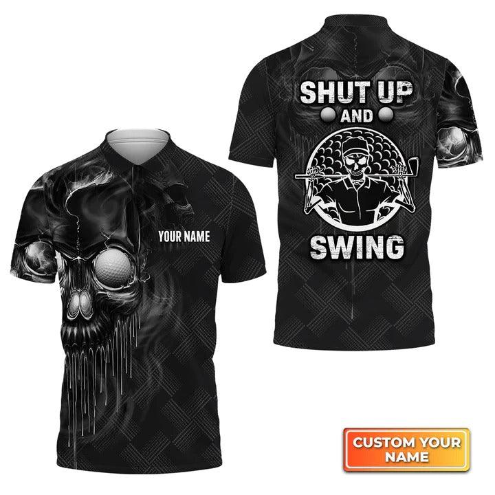 Customized Golf Men Polo Shirts, Skull Golf Shut Up And Swing, Personalized Customized Name Golf Polo Shirt For Men, Golfers - Amzanimalsgift