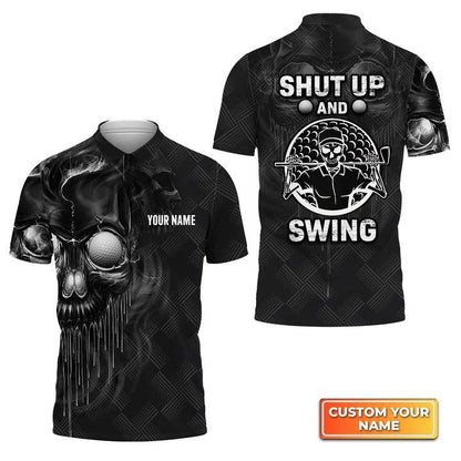Customized Golf Men Polo Shirts, Skull Golf Shut Up And Swing, Personalized Customized Name Golf Polo Shirt For Men, Golfers - Amzanimalsgift