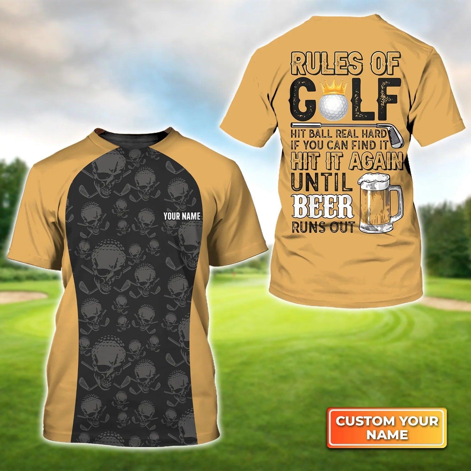 Customized Golf T Shirt, Personalized Name Golf And Beer Rules of Golf Skull Background T Shirt For Golf Lovers - Perfect Gift For Golfer, Friend - Amzanimalsgift