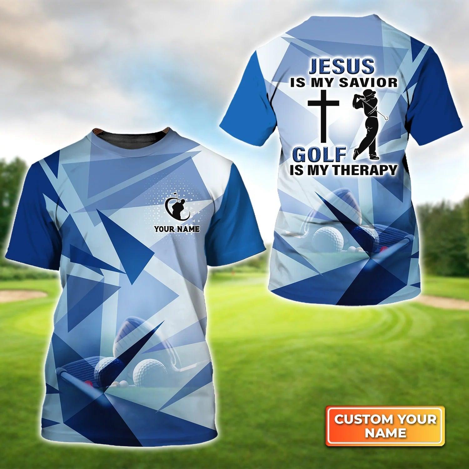 Customized Golf T Shirt, Personalized Name Golf Blue Pattern Jesus Is My Savior T Shirt For Golf Lovers - Perfect Gift For Golfer, Friend, Family - Amzanimalsgift