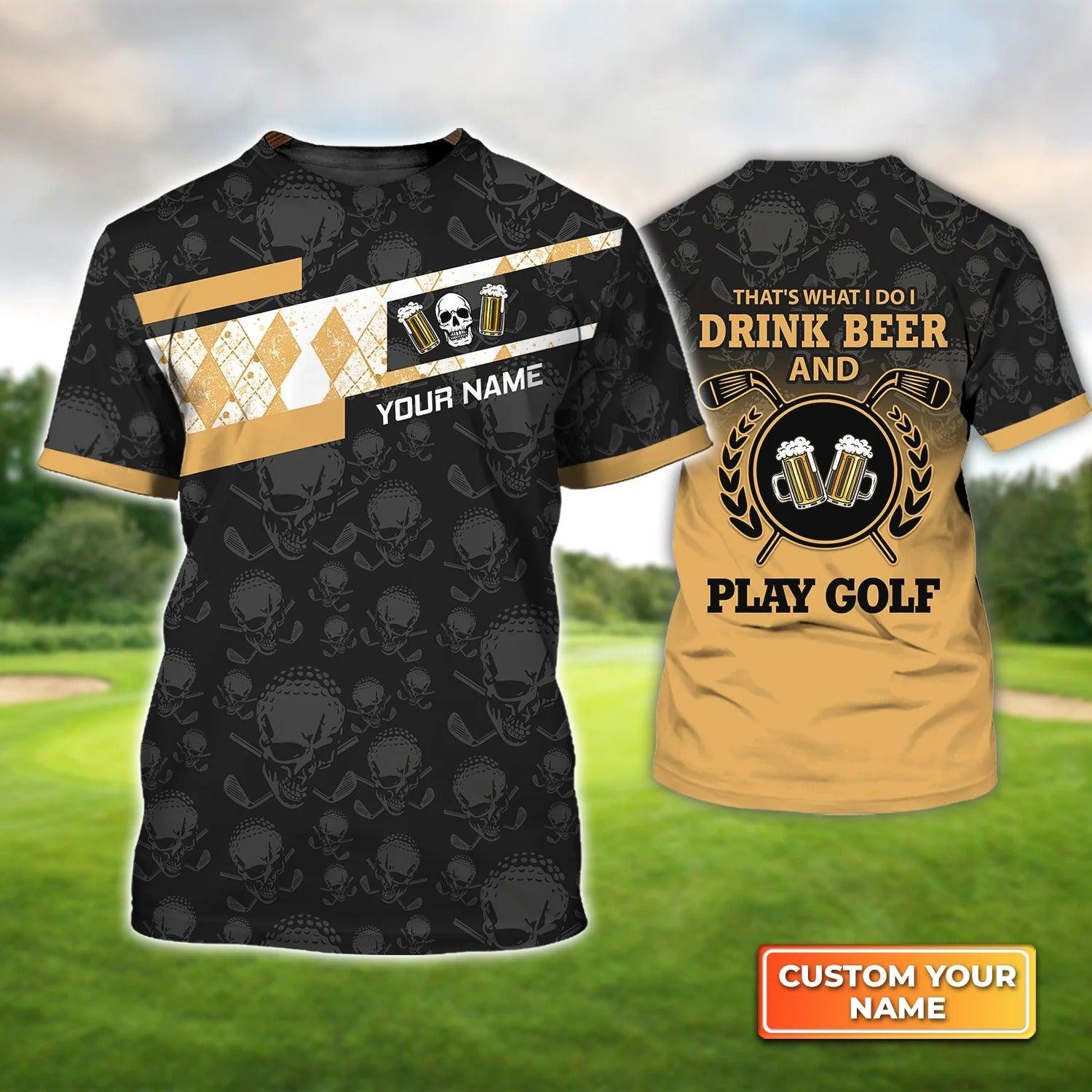 Customized Golf T Shirt, Personalized Name I Drink Beer And Play Golf Skull Argyle Pattern T Shirt For Golf Lovers - Perfect Gift For Golfer - Amzanimalsgift