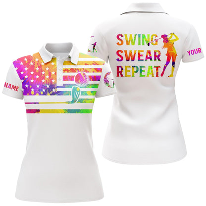Customized Golf Women Polo Shirt, Watercolor American Flag Custom Name Swing Swear Repeat White Golf Shirt - Perfect Gift For, Golf Lovers, Golfers - Amzanimalsgift