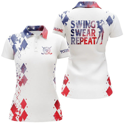Customized Golf Women Polo Shirt, Watercolor American Flag Personalized Swing Swear Repeat White Shirt - Perfect Gift For Ladies, Golf Lovers, Golfers - Amzanimalsgift