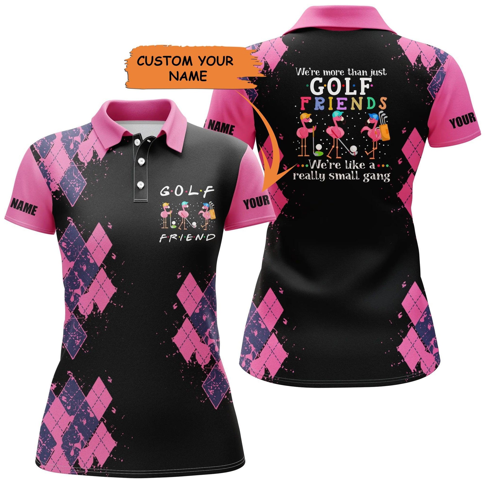 Customized Golf Women Polo Shirt, We're More Than Just Golf Friends Flamingo Custom Funny Black Golf Shirts - Perfect Gift For Golf Lovers, Golfers - Amzanimalsgift