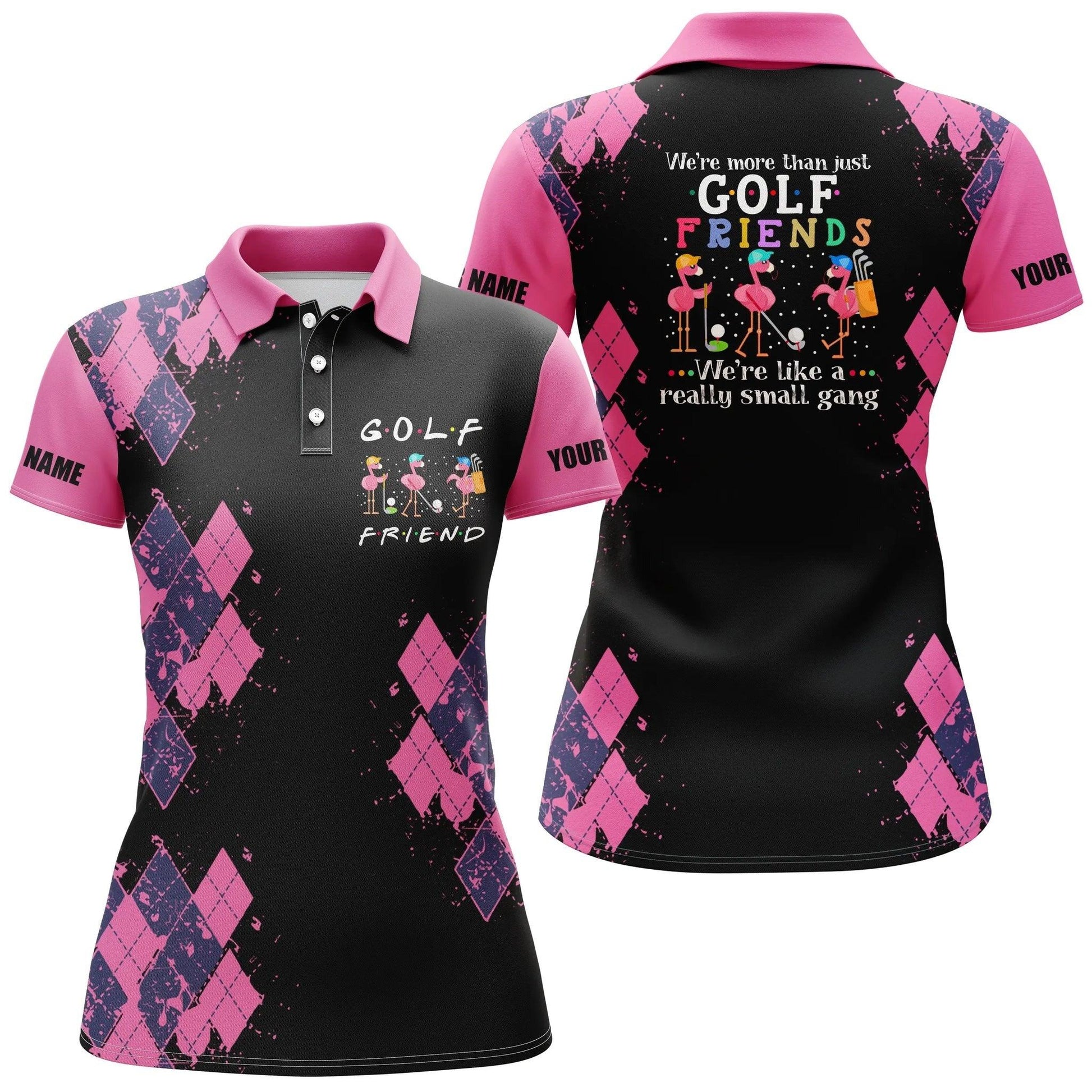 Customized Golf Women Polo Shirt, We're More Than Just Golf Friends Flamingo Custom Funny Black Golf Shirts - Perfect Gift For Golf Lovers, Golfers - Amzanimalsgift