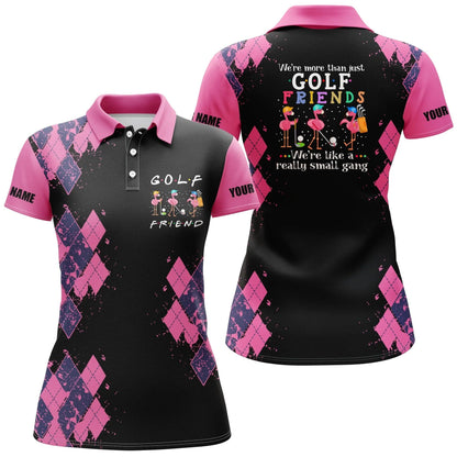 Customized Golf Women Polo Shirt, We're More Than Just Golf Friends Flamingo Custom Funny Black Golf Shirts - Perfect Gift For Golf Lovers, Golfers - Amzanimalsgift