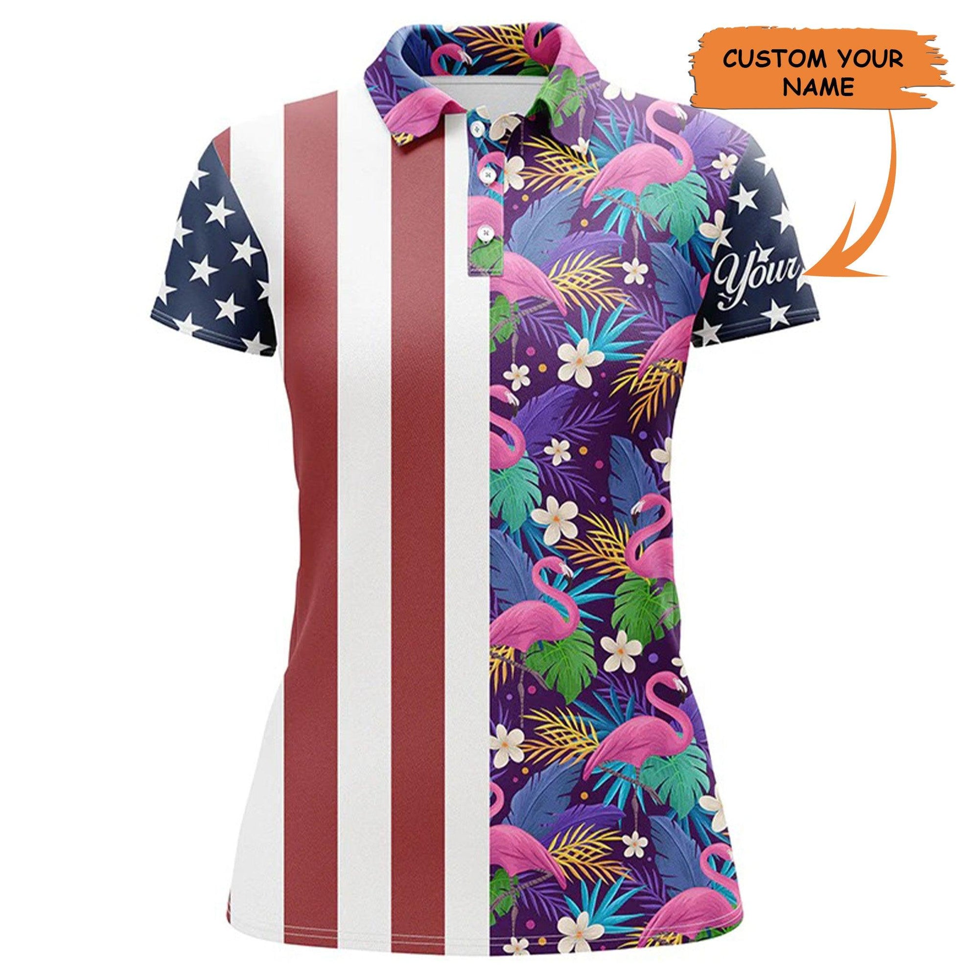 Customized Golf Women Polo Shirts, American Flag Patriot Personalized Floral Flamingo Pattern - Perfect Gift For Ladies, Golf Lovers, Golfers - Amzanimalsgift