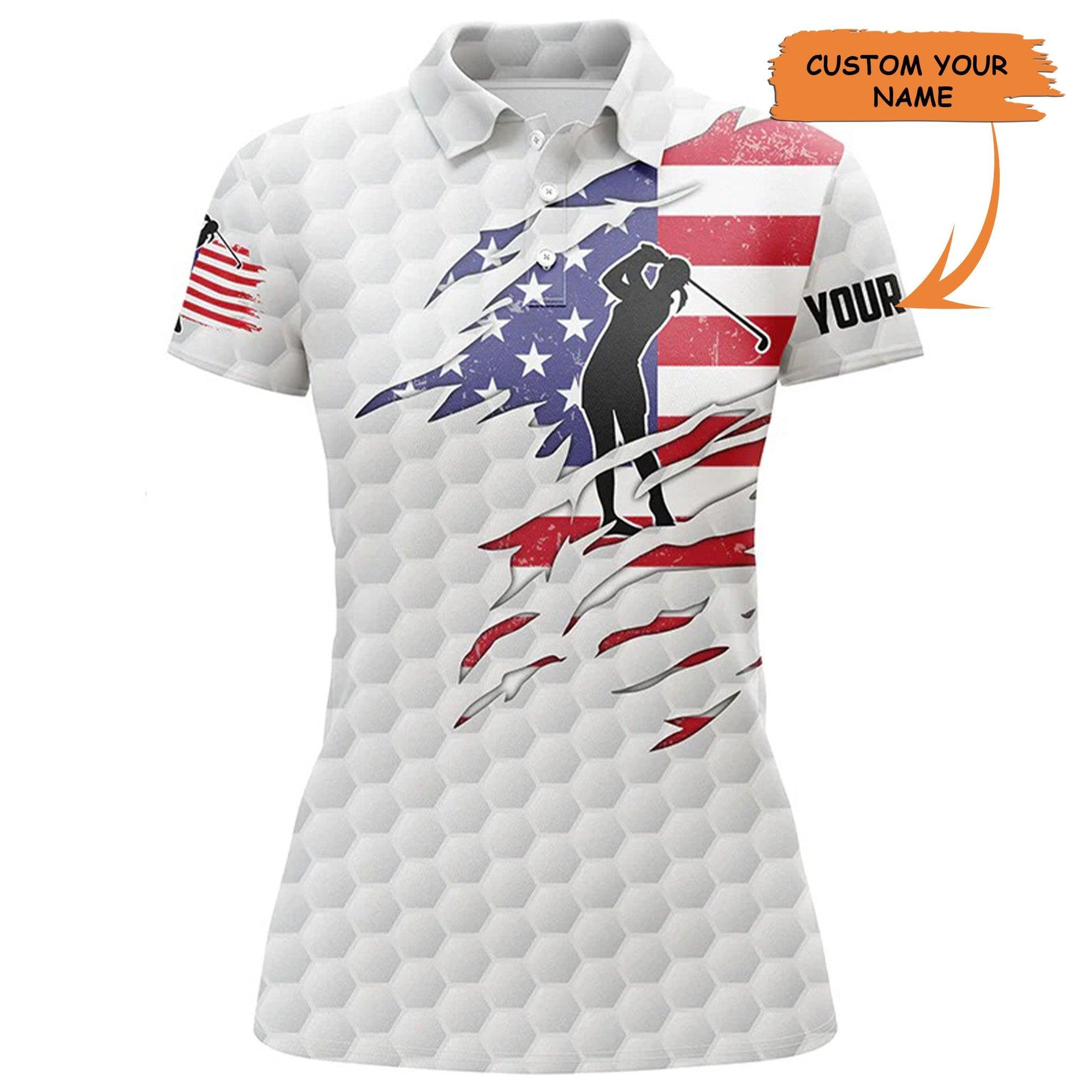 Customized Golf Women Polo Shirts, American Flag Patriot Personalized White Golf Balls Polo Shirts - Perfect Gift For Ladies, Golf Lovers, Golfers - Amzanimalsgift