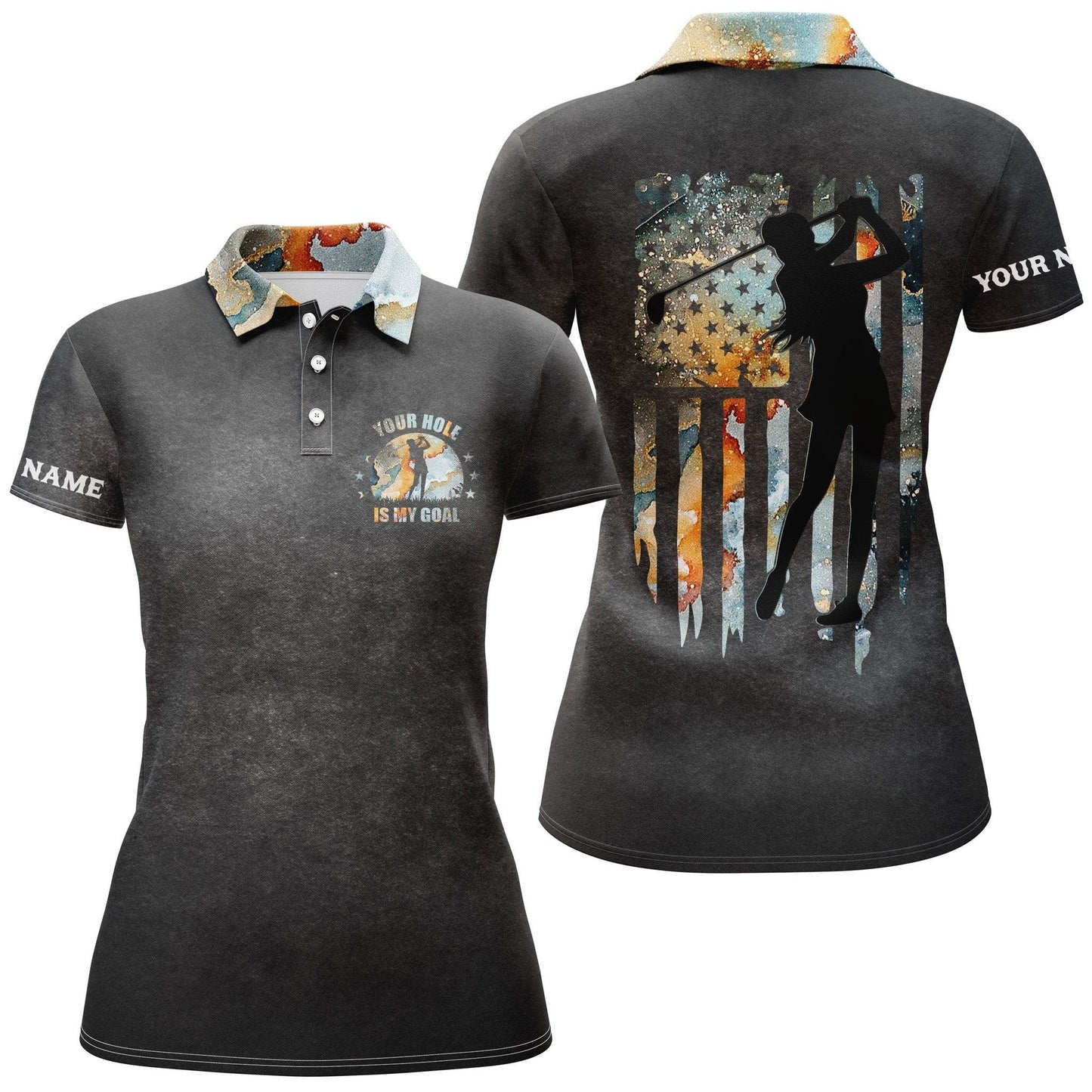 Customized Golf Women Polo Shirts, American Flag Patriot Personalized Your Hole Is My Goal Polo - Perfect Gift For Ladies, Golf Lovers, Golfers - Amzanimalsgift