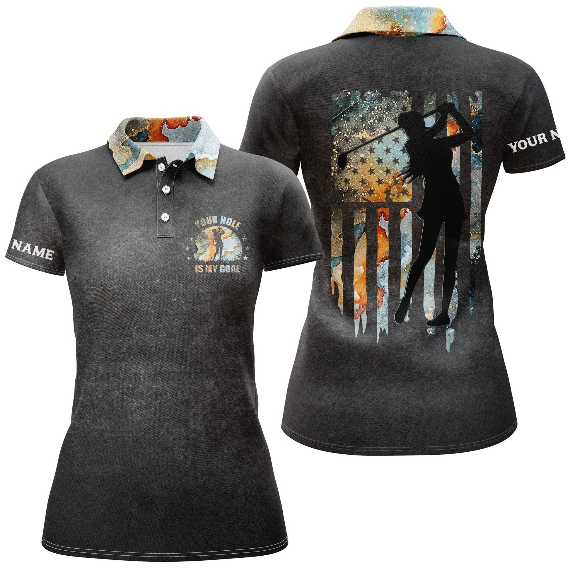 Customized Golf Women Polo Shirts, American Flag Patriot Personalized Your Hole Is My Goal Polo - Perfect Gift For Ladies, Golf Lovers, Golfers - Amzanimalsgift