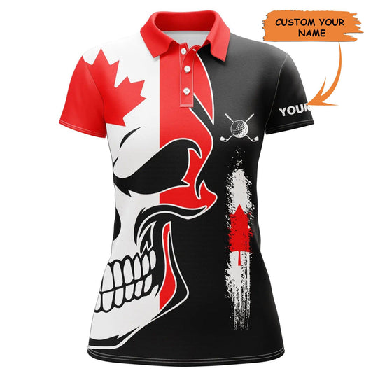 Customized Golf Women Polo Shirts, Canada Flag Patriot Personalized Skull Golf Polo Shirts - Perfect Gift For Ladies, Golf Lovers, Golfers - Amzanimalsgift