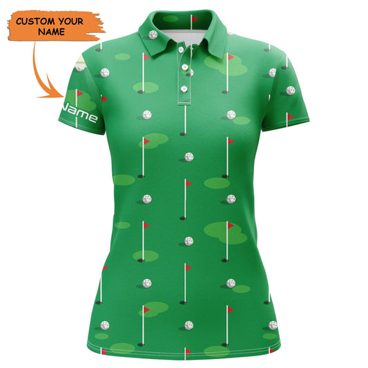 Customized Golf Women Polo Shirts, Flag And Balls Green Golf Course Pattern Personalized Polo Shirts - Perfect Gift For Ladies, Golf Lovers, Golfers - Amzanimalsgift