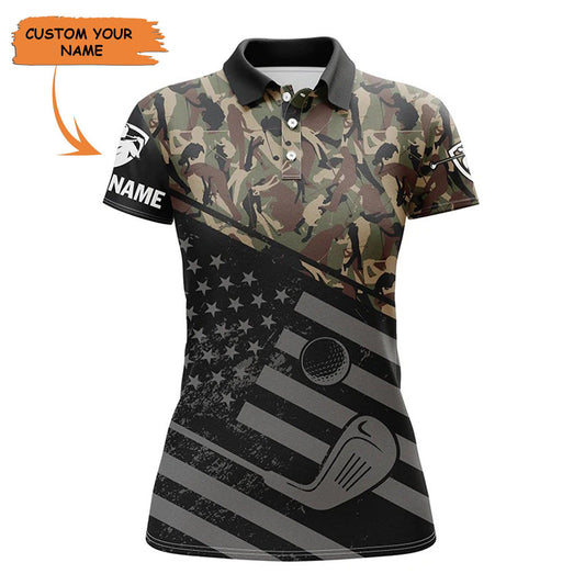 Customized Golf Women Polo Shirts, Personalized Black American Flag Patriotic Green Camo Shirts - Perfect Gift For Ladies, Golf Lovers, Golfers - Amzanimalsgift