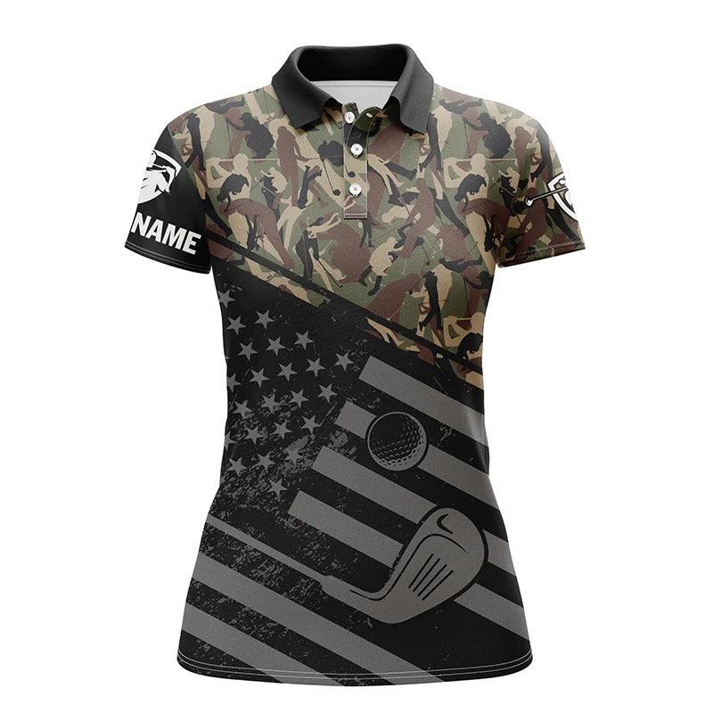 Customized Golf Women Polo Shirts, Personalized Black American Flag Patriotic Green Camo Shirts - Perfect Gift For Ladies, Golf Lovers, Golfers - Amzanimalsgift