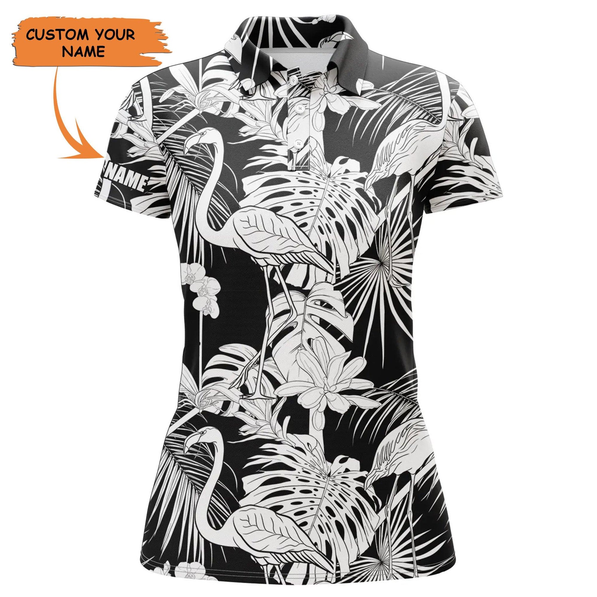 Customized Golf Women Polo Shirts, Personalized Black And White Tropical Plants Flamingo Golf Shirts - Perfect Gift For Ladies, Golf Lovers, Golfers - Amzanimalsgift