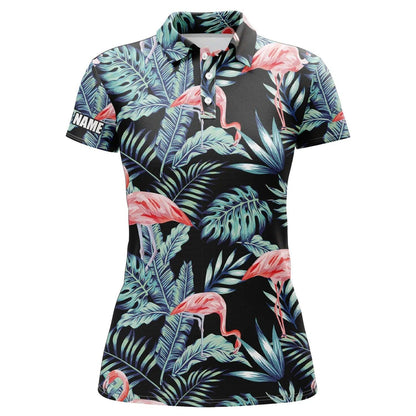Customized Golf Women Polo Shirts, Personalized Blue Forest Pattern Pink Flamingo Golf Shirts - Perfect Gift For Ladies, Golf Lovers, Golfers - Amzanimalsgift