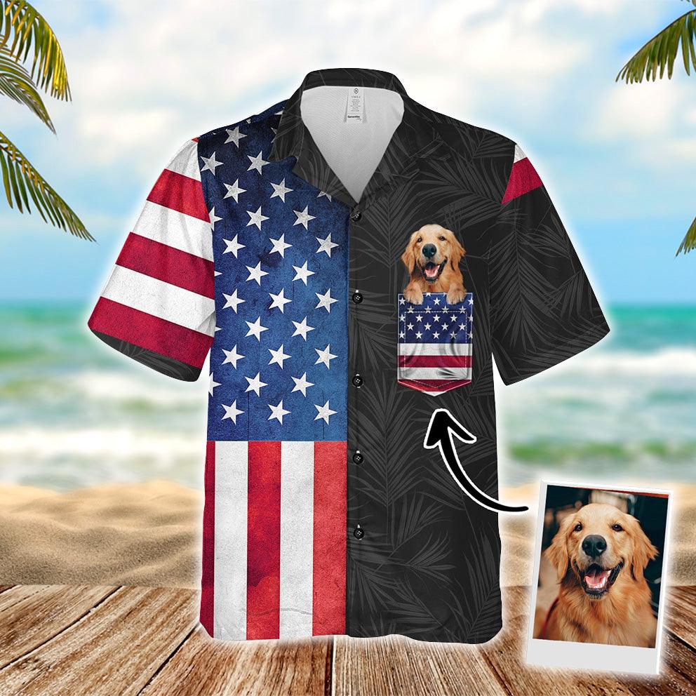 Customized Hawaiian Shirt With Pet Face - American Tropical Summer Background Red & Blue Color Aloha Shirt With Pocket - Gift For Pet Lovers - Amzanimalsgift